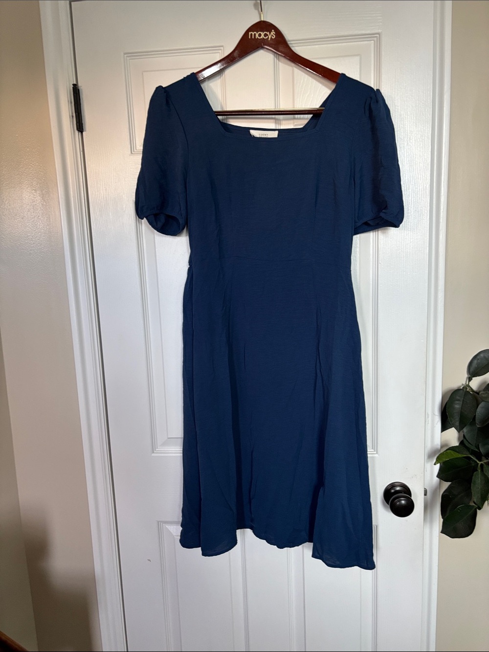 Lucky Brand Navy Square-Neck Midi Dress with Puff Sleeves